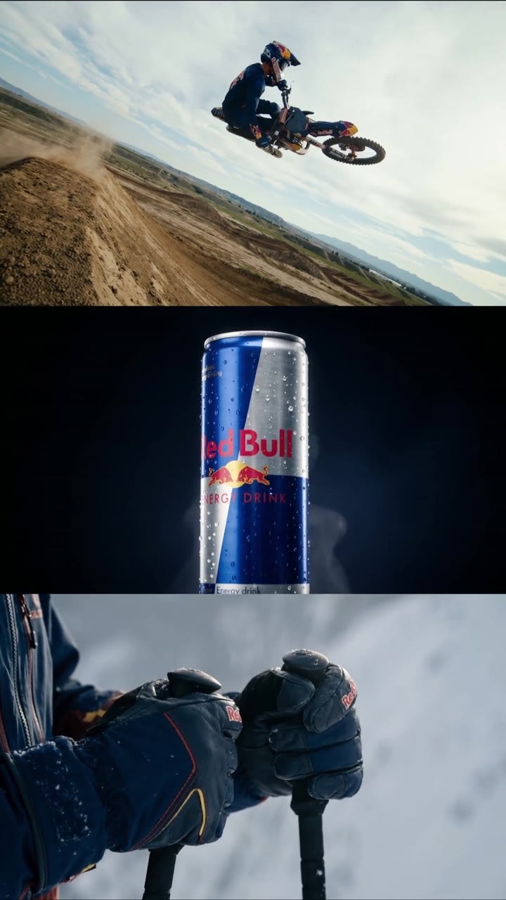 Composição do filme Red Bull com motocross, uma lata e equipamento esportivo.